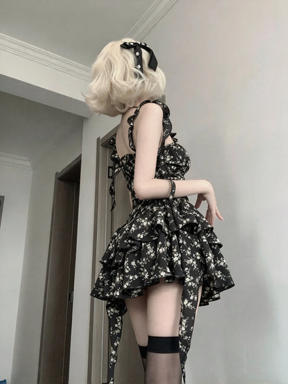 Chic Black Floral Square Neck Bow Strap Tiered Ruffle A Line Short Homecoming Dress AS2953