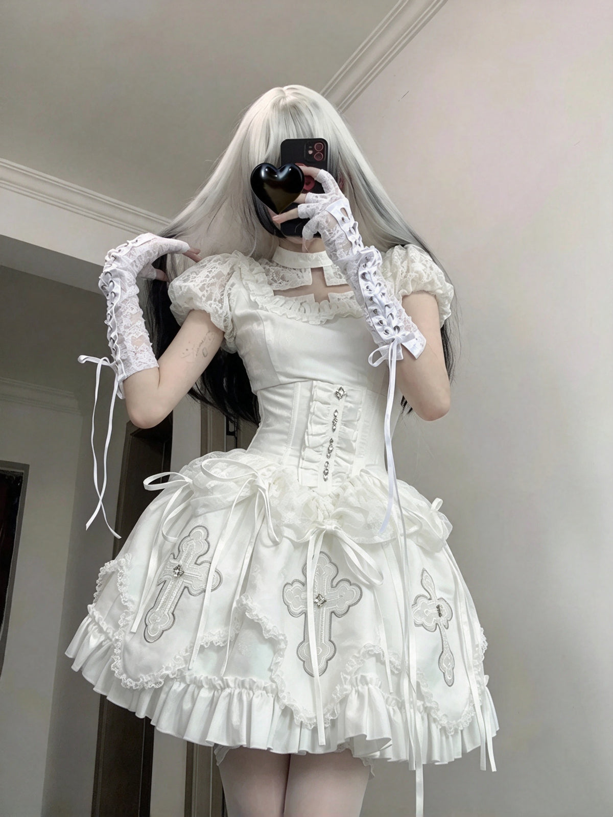 Elegant White Square Neck Short Sleeve Lace Rhinestone Bow Corset Lolita A Line Short Homecoming Dress AS2955