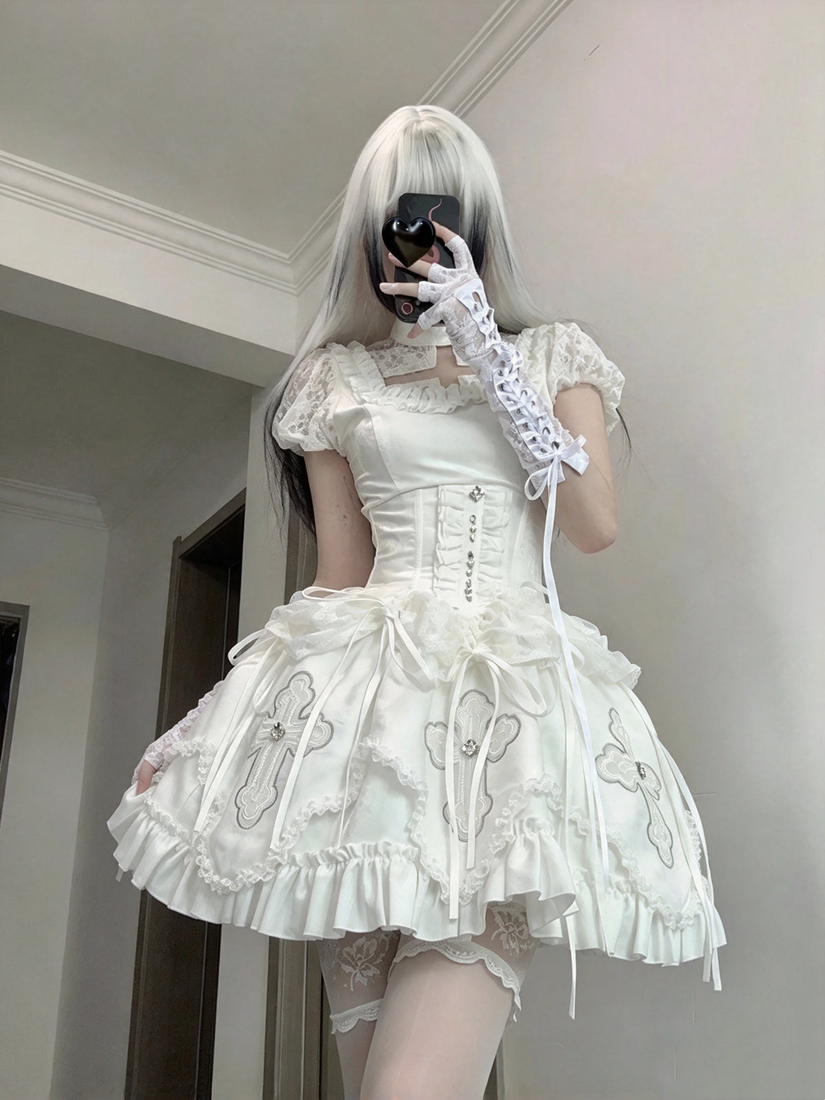 Elegant White Square Neck Short Sleeve Lace Rhinestone Bow Corset Lolita A Line Short Homecoming Dress AS2955