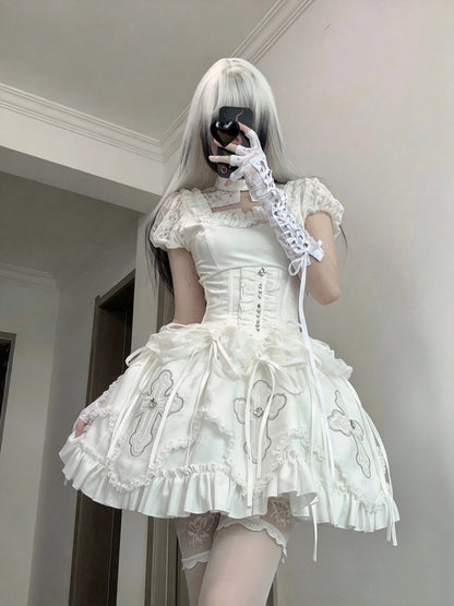 Elegant White Square Neck Short Sleeve Lace Rhinestone Bow Corset Lolita A Line Short Homecoming Dress AS2955