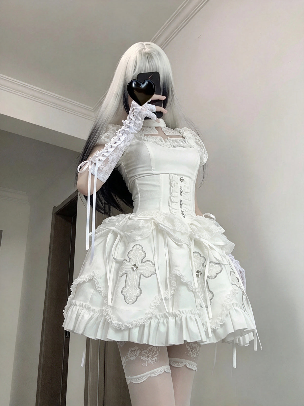 Elegant White Square Neck Short Sleeve Lace Rhinestone Bow Corset Lolita A Line Short Homecoming Dress AS2955