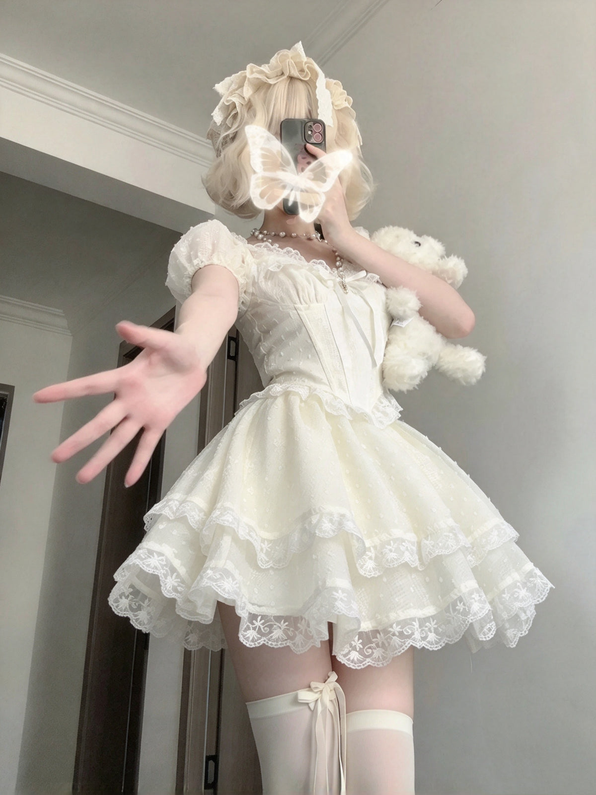 Romantic Ivory Off Shoulder Short Sleeve Lace Bow Corset A Line Short Homecoming Dress AS2956