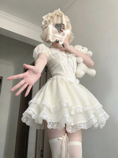Romantic Ivory Off Shoulder Short Sleeve Lace Bow Corset A Line Short Homecoming Dress AS2956