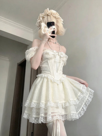 Romantic Ivory Off Shoulder Short Sleeve Lace Bow Corset A Line Short Homecoming Dress AS2956
