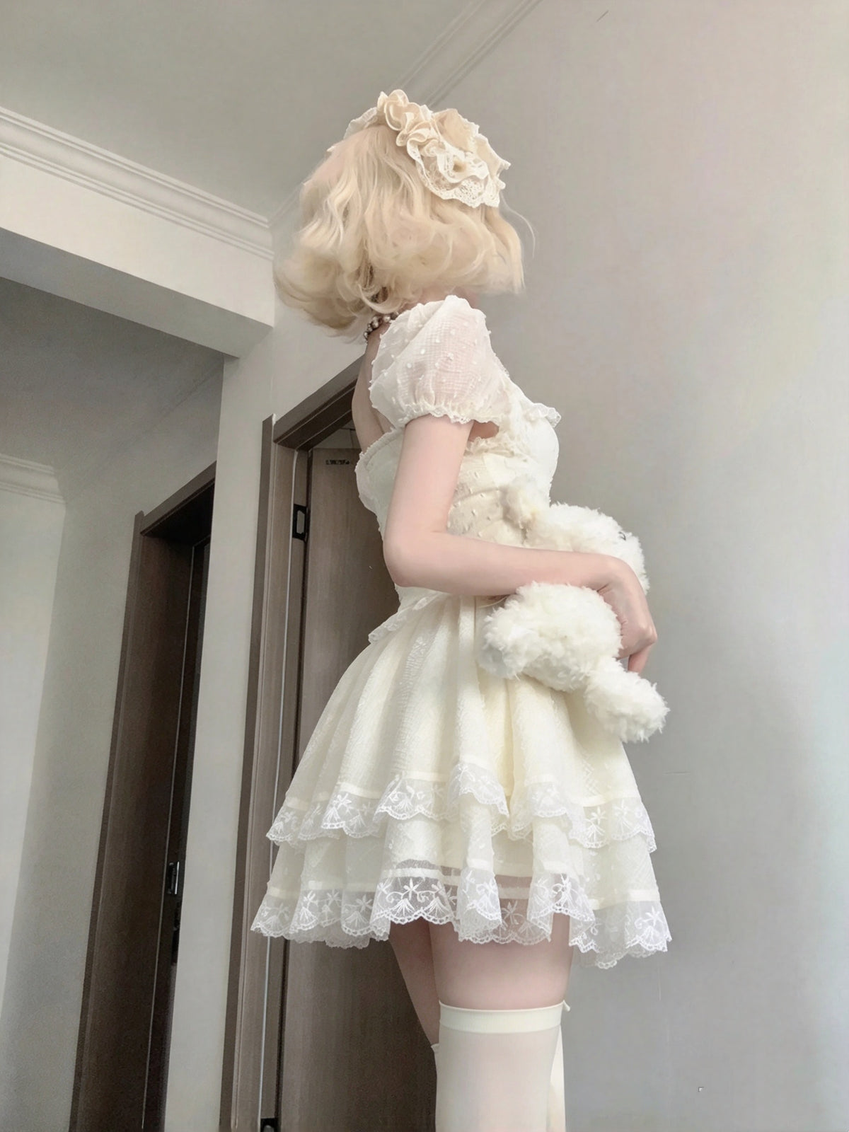 Romantic Ivory Off Shoulder Short Sleeve Lace Bow Corset A Line Short Homecoming Dress AS2956