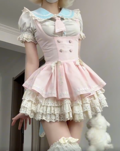 Cute Pink Puff Short Sleeve Blue Contrast Collar Lace Bow Tiered Ruffle Lolita A Line Short Homecoming Dress AS2957