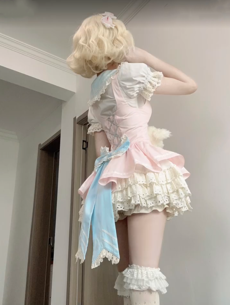 Cute Pink Puff Short Sleeve Blue Contrast Collar Lace Bow Tiered Ruffle Lolita A Line Short Homecoming Dress AS2957