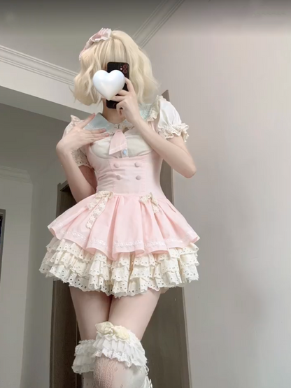 Cute Pink Puff Short Sleeve Blue Contrast Collar Lace Bow Tiered Ruffle Lolita A Line Short Homecoming Dress AS2957