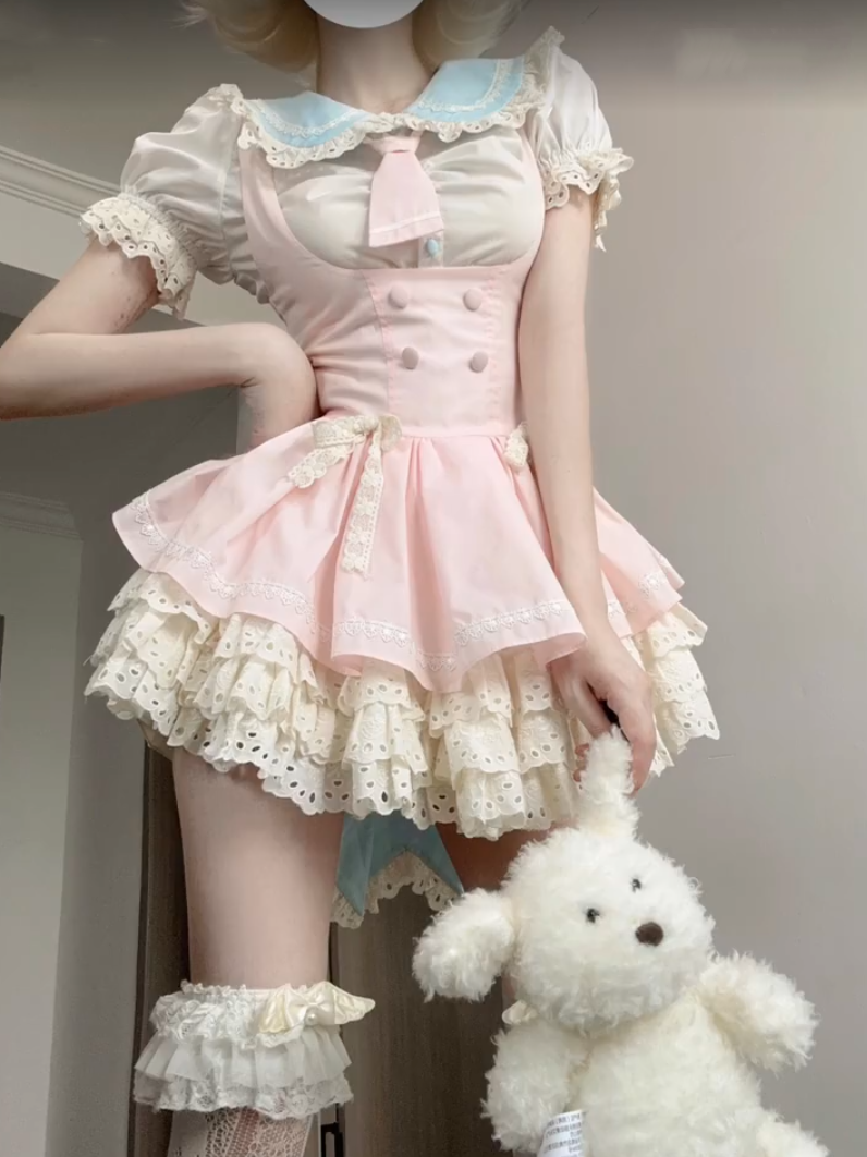 Cute Pink Puff Short Sleeve Blue Contrast Collar Lace Bow Tiered Ruffle Lolita A Line Short Homecoming Dress AS2957