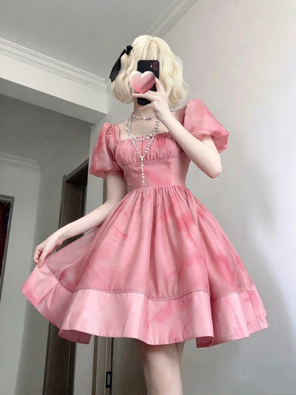 Dreamy Pink Square Neck Puff Short Sleeve Printed A-Line Short Homecoming Dress AS2958