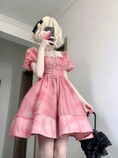 Dreamy Pink Square Neck Puff Short Sleeve Printed A-Line Short Homecoming Dress AS2958