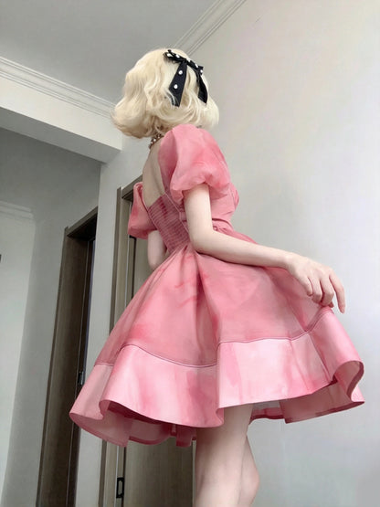 Dreamy Pink Square Neck Puff Short Sleeve Printed A-Line Short Homecoming Dress AS2958