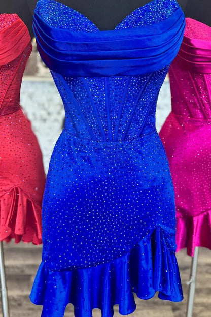 Sparkly Satin Corset Homecoming Dress With Ruffled Hem And Beading AS296