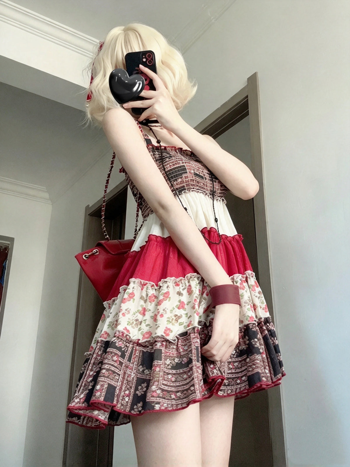 Chic Red Patchwork Floral Spaghetti Strap Ruffle A Line Short Homecoming Dress AS2960