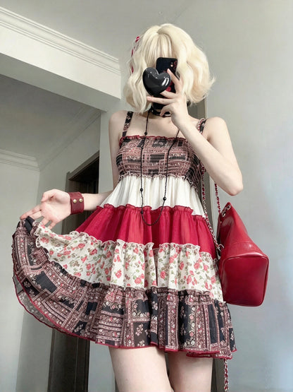 Chic Red Patchwork Floral Spaghetti Strap Ruffle A Line Short Homecoming Dress AS2960