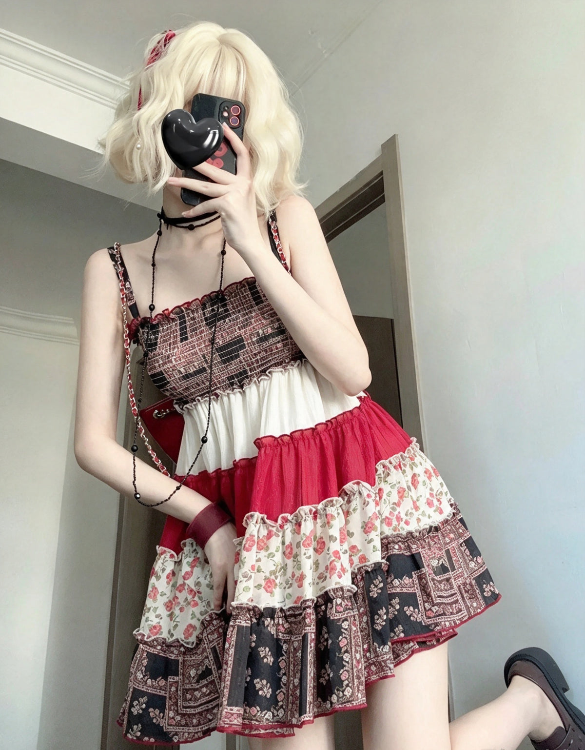Chic Red Patchwork Floral Spaghetti Strap Ruffle A Line Short Homecoming Dress AS2960