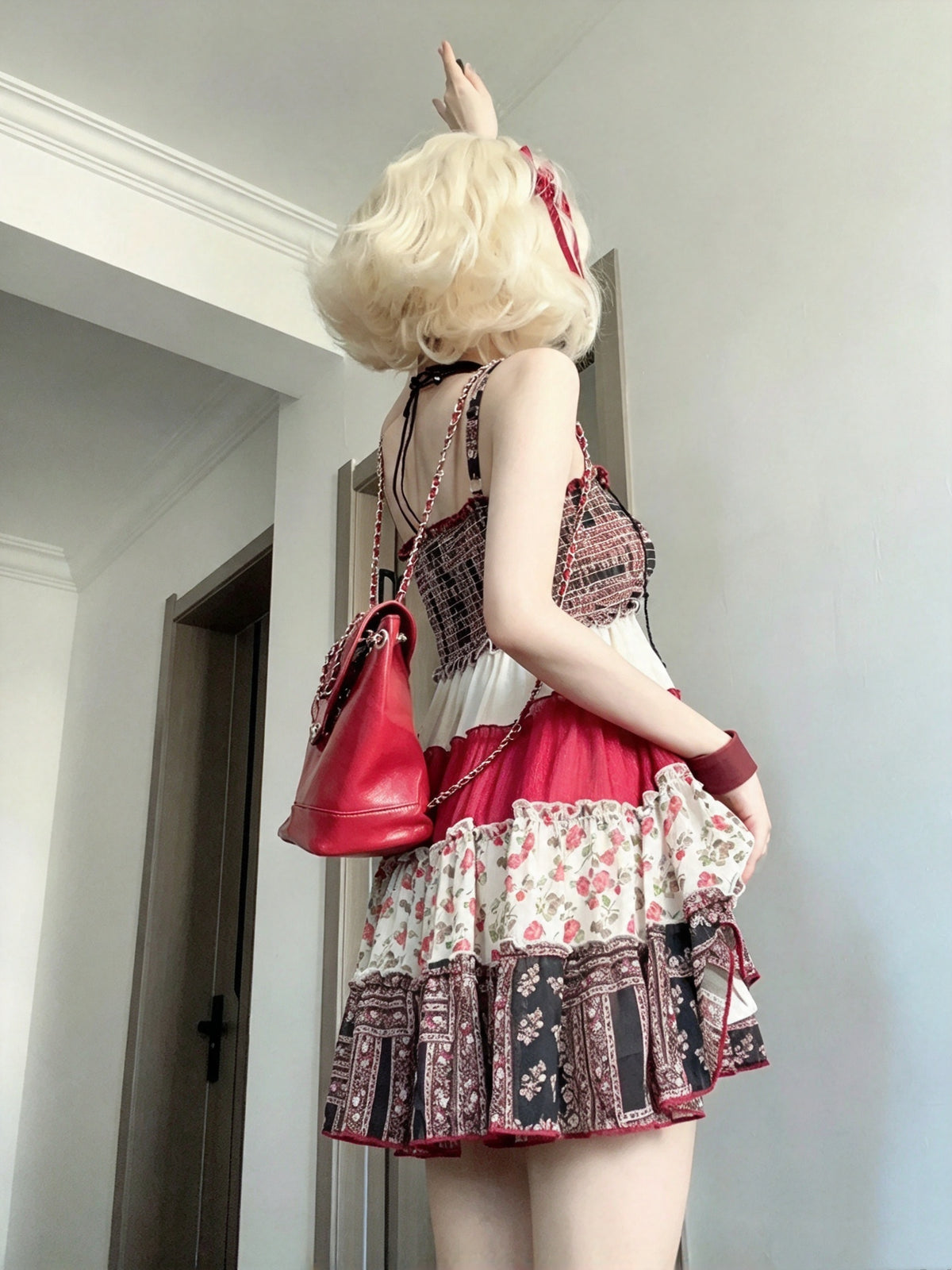 Chic Red Patchwork Floral Spaghetti Strap Ruffle A Line Short Homecoming Dress AS2960