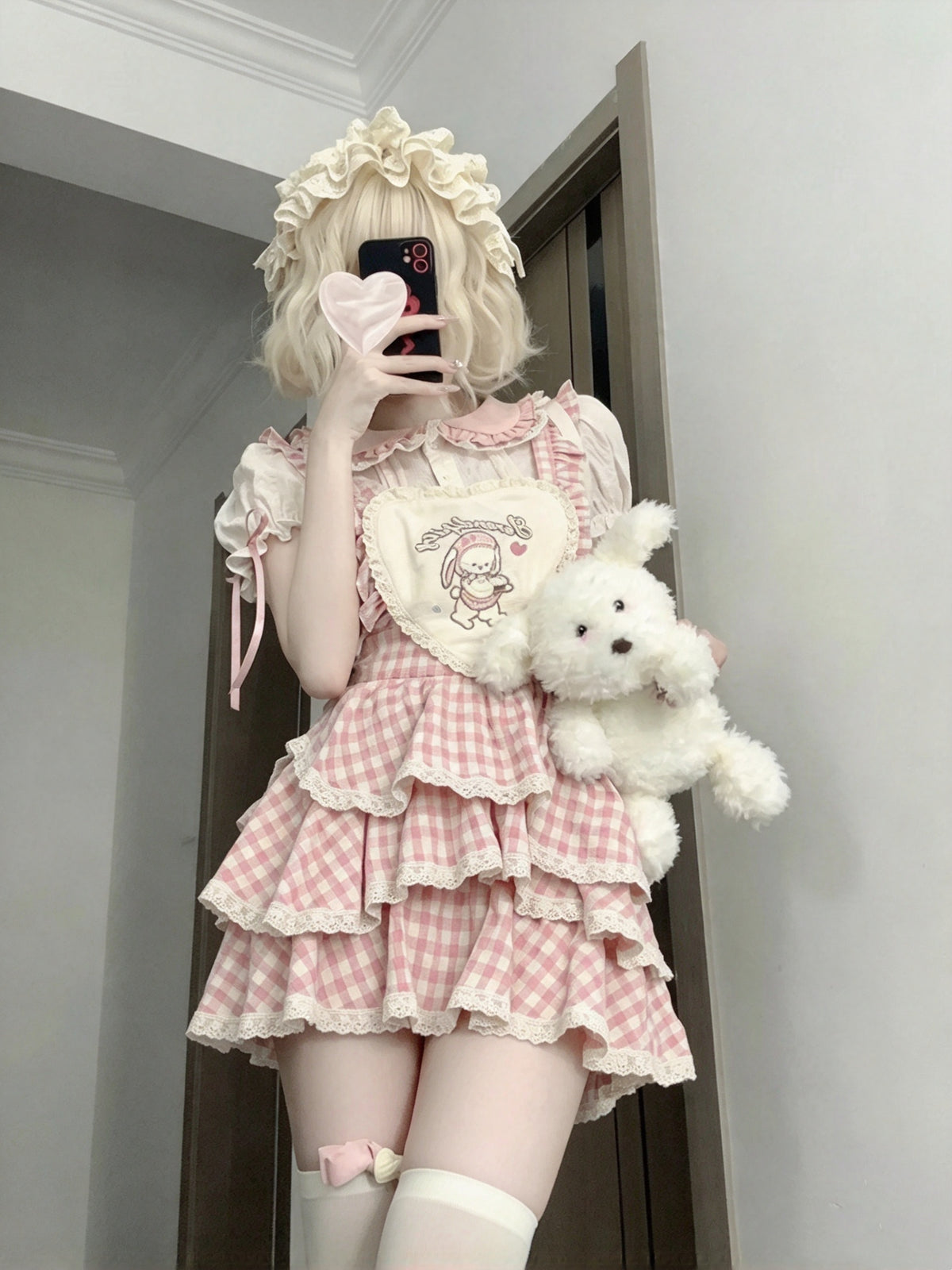 Lovely Pink Gingham Peter Pan Collar Heart Accent Tiered Ruffle Lolita A Line Short Homecoming Dress AS2961