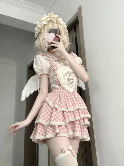 Lovely Pink Gingham Peter Pan Collar Heart Accent Tiered Ruffle Lolita A Line Short Homecoming Dress AS2961