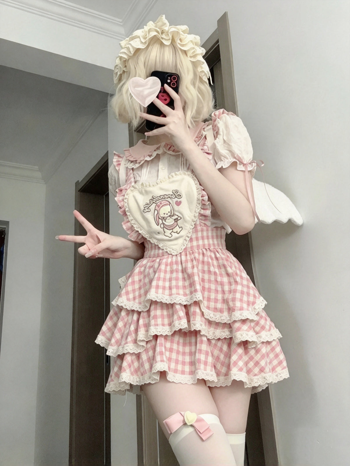 Lovely Pink Gingham Peter Pan Collar Heart Accent Tiered Ruffle Lolita A Line Short Homecoming Dress AS2961