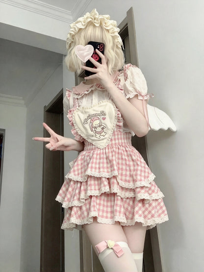 Lovely Pink Gingham Peter Pan Collar Heart Accent Tiered Ruffle Lolita A Line Short Homecoming Dress AS2961