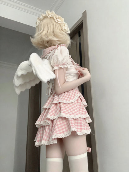Lovely Pink Gingham Peter Pan Collar Heart Accent Tiered Ruffle Lolita A Line Short Homecoming Dress AS2961