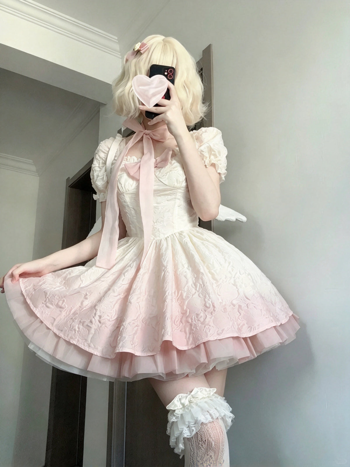 Soft Pink Gradient Puff Short Sleeve Square Neck Bow Jacquard A Line Lolita Short Homecoming Dress AS2962