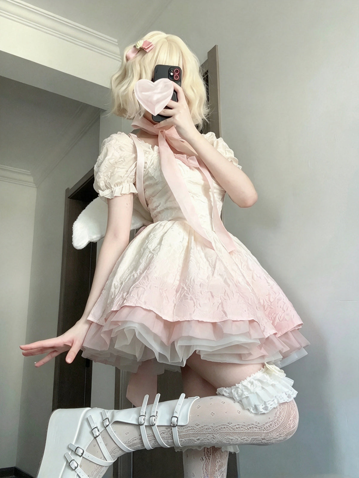 Soft Pink Gradient Puff Short Sleeve Square Neck Bow Jacquard A Line Lolita Short Homecoming Dress AS2962