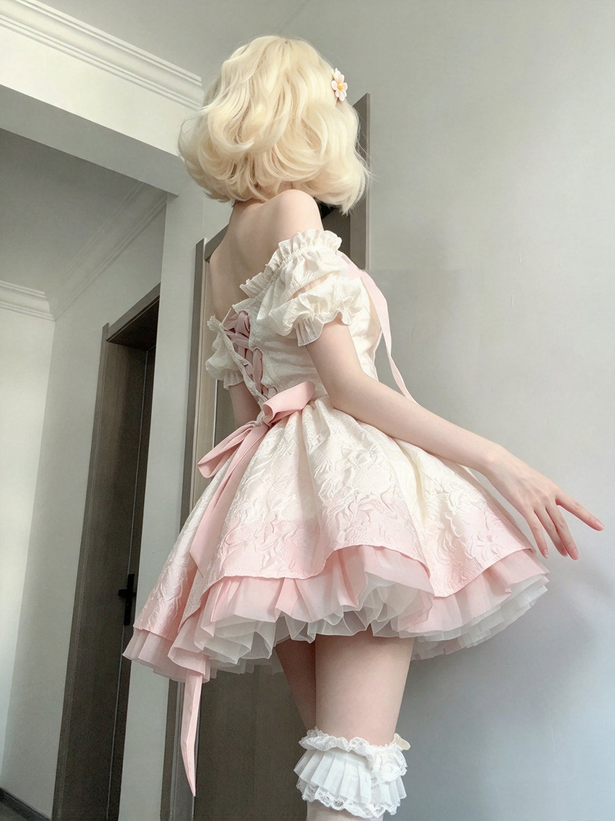 Soft Pink Gradient Puff Short Sleeve Square Neck Bow Jacquard A Line Lolita Short Homecoming Dress AS2962