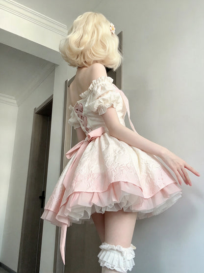 Soft Pink Gradient Puff Short Sleeve Square Neck Bow Jacquard A Line Lolita Short Homecoming Dress AS2962