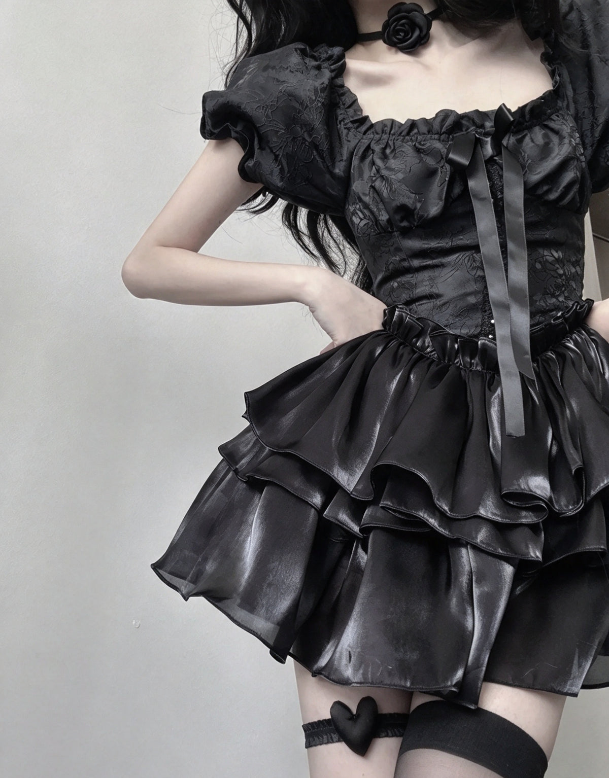 Chic Black Square Neck Puff Short Sleeve Bow A Line Short Homecoming Dress AS2963