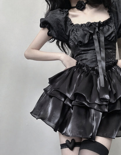 Chic Black Square Neck Puff Short Sleeve Bow A Line Short Homecoming Dress AS2963