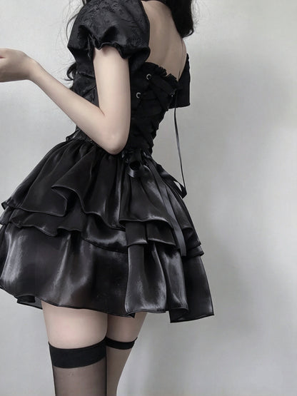 Chic Black Square Neck Puff Short Sleeve Bow A Line Short Homecoming Dress AS2963