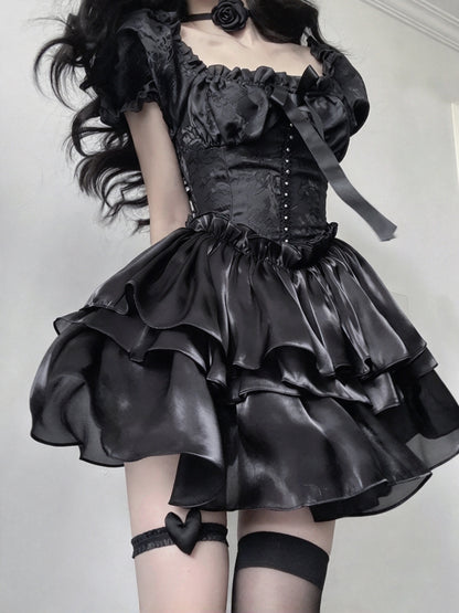 Chic Black Square Neck Puff Short Sleeve Bow A Line Short Homecoming Dress AS2963