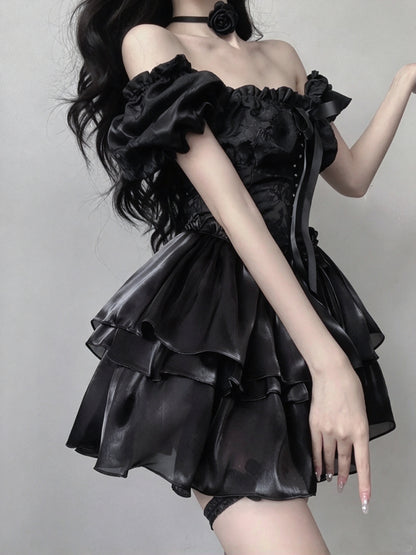 Chic Black Square Neck Puff Short Sleeve Bow A Line Short Homecoming Dress AS2963