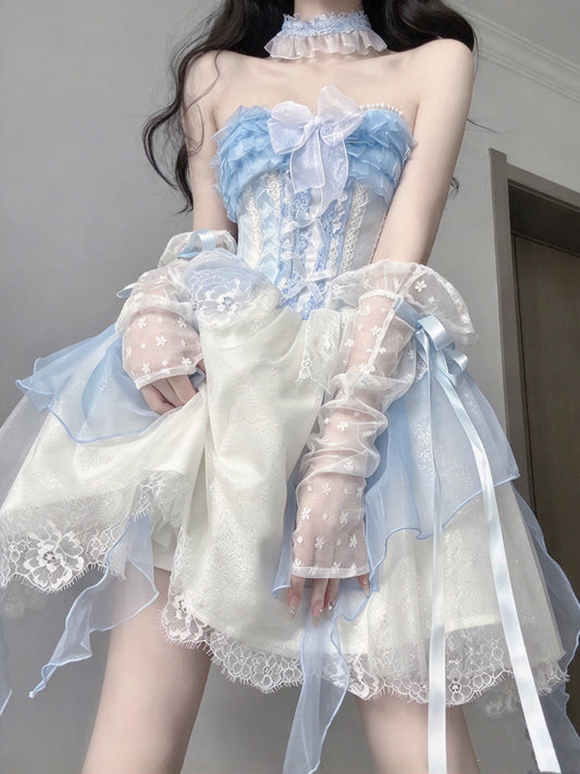 Airy Blue White Strapless Big Bow Lace Corset Ruffled A Line Short Homecoming Dress AS2964