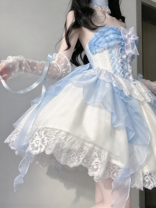 Airy Blue White Strapless Big Bow Lace Corset Ruffled A Line Short Homecoming Dress AS2964