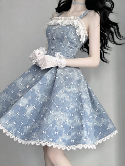 Cute Blue Bow Print Ruffle Trim Strap A-Line Short Homecoming Dress AS2967