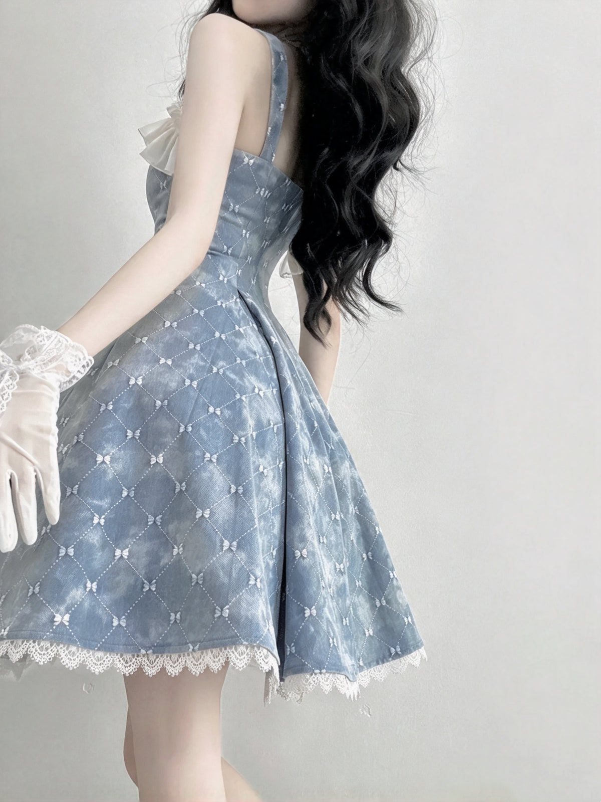 Cute Blue Bow Print Ruffle Trim Strap A-Line Short Homecoming Dress AS2967