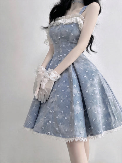 Cute Blue Bow Print Ruffle Trim Strap A-Line Short Homecoming Dress AS2967