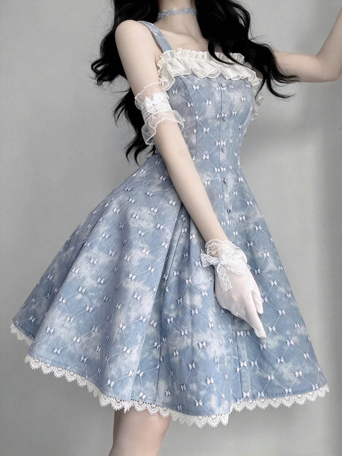 Cute Blue Bow Print Ruffle Trim Strap A-Line Short Homecoming Dress AS2967