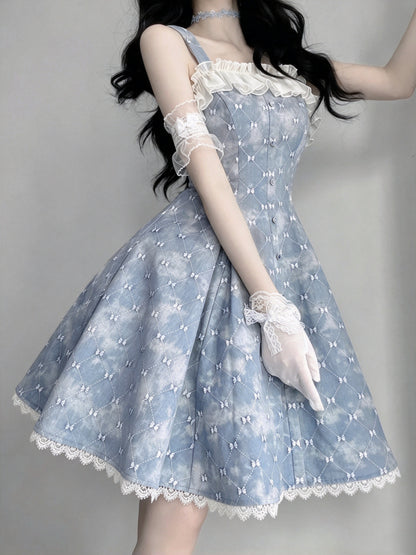 Cute Blue Bow Print Ruffle Trim Strap A-Line Short Homecoming Dress AS2967