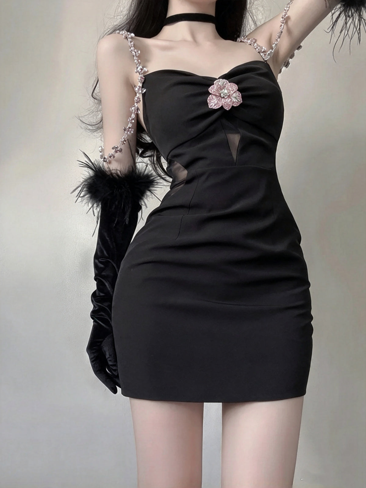 Chic Black Beaded Chain Strap Pink Floral Appliques Cutout Ruched Bodycon Short Homecoming Dress AS2968