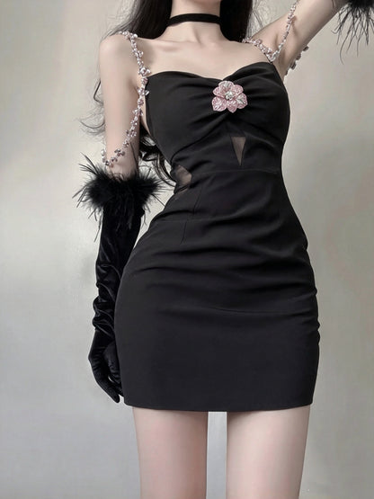 Chic Black Beaded Chain Strap Pink Floral Appliques Cutout Ruched Bodycon Short Homecoming Dress AS2968