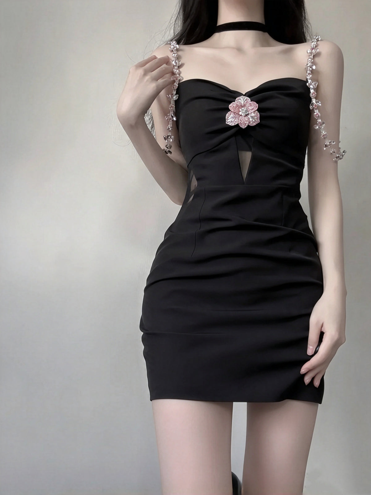 Chic Black Beaded Chain Strap Pink Floral Appliques Cutout Ruched Bodycon Short Homecoming Dress AS2968