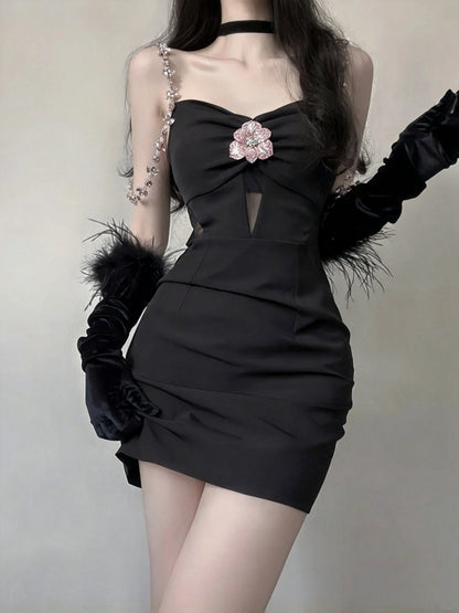 Chic Black Beaded Chain Strap Pink Floral Appliques Cutout Ruched Bodycon Short Homecoming Dress AS2968
