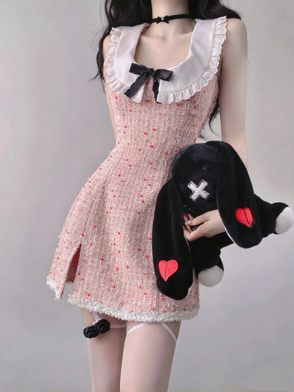 Sweet Pink Tweed Peter Pan Collar Black Bow Slit A-Line Short Homecoming Dress AS2970