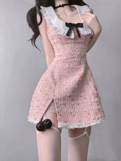 Sweet Pink Tweed Peter Pan Collar Black Bow Slit A-Line Short Homecoming Dress AS2970