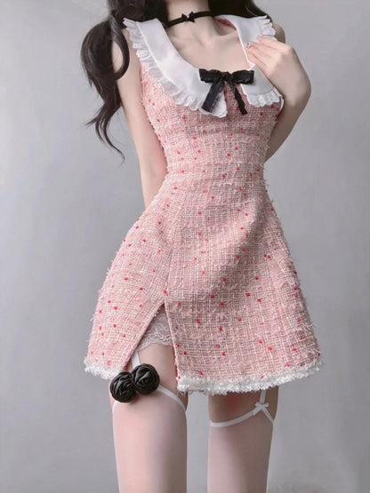 Sweet Pink Tweed Peter Pan Collar Black Bow Slit A-Line Short Homecoming Dress AS2970