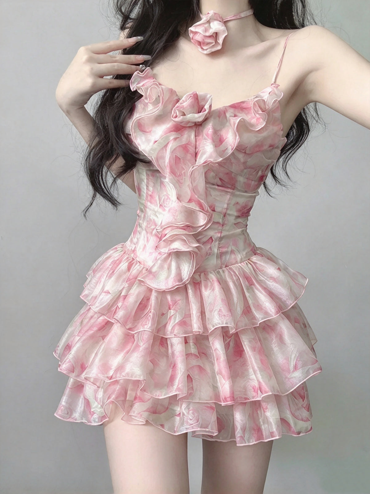 Romantic Pink Floral Print Ruffled Spaghetti Strap A Line Short Homecoming Dress AS2972